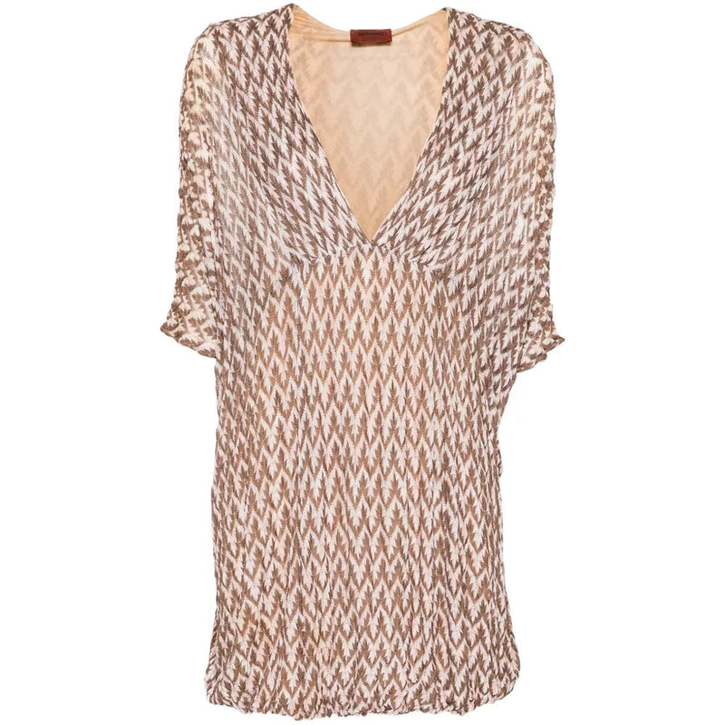 Missoni zigzag beach dress with vibrant pattern, lightweight fabric, sleeveless design, perfect for summer and seaside wear.