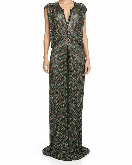 Missoni zigzag beach maxi dress with colorful striped pattern, flowing fabric, and sleeveless design perfect for summer outdoor wear.