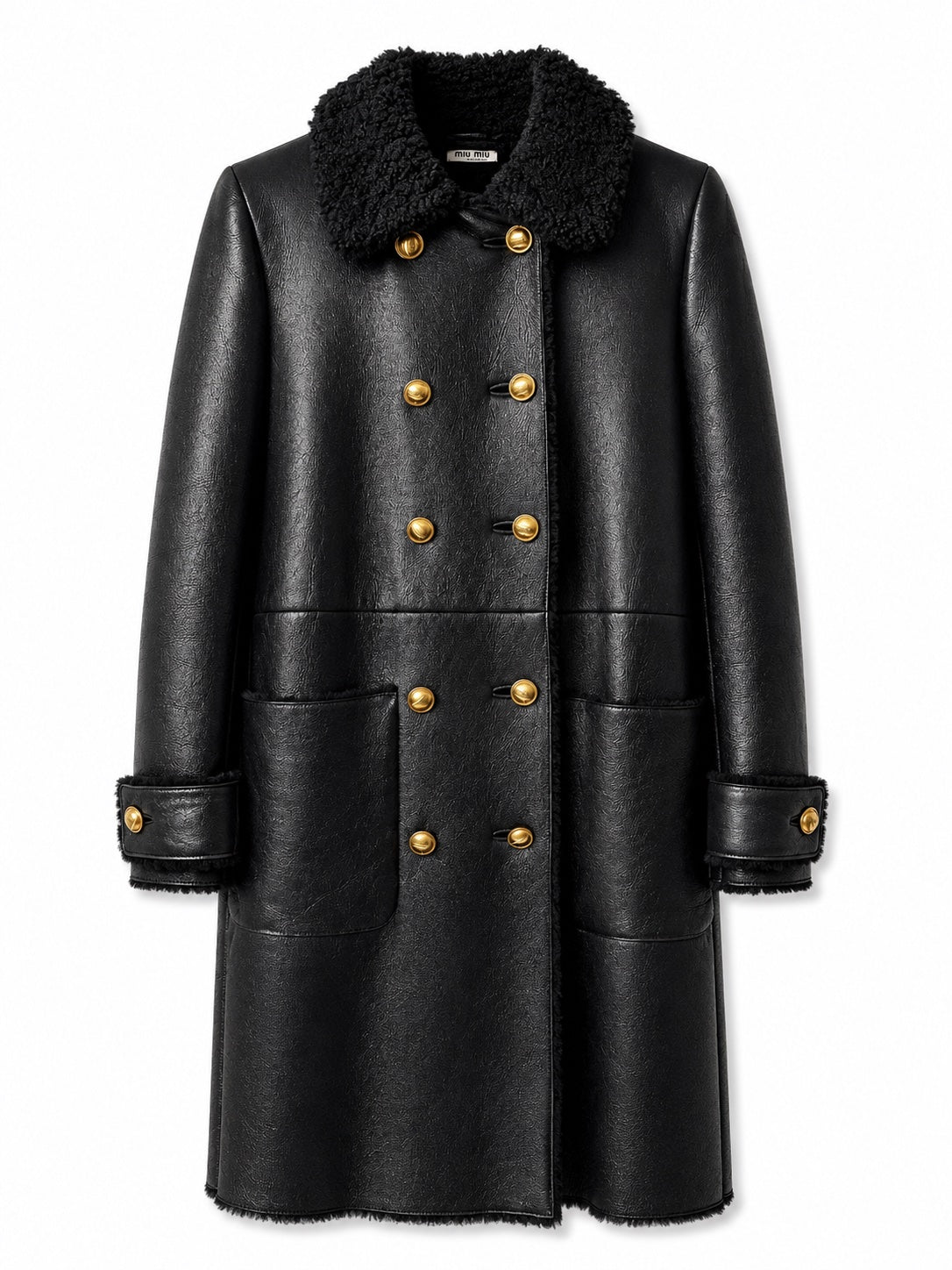Black Miu Miu leather coat with shearling trim, featuring a stylish collar and sleek design for a luxurious winter look.
