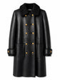 Black Miu Miu leather coat with shearling trim, featuring a stylish collar and sleek design for a luxurious winter look.