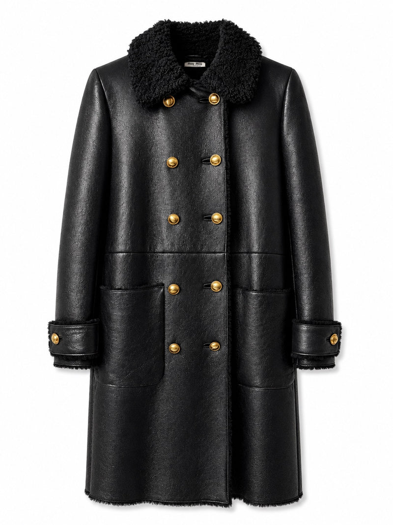 Black Miu Miu leather coat with shearling trim, featuring a stylish collar and sleek design for a luxurious winter look.