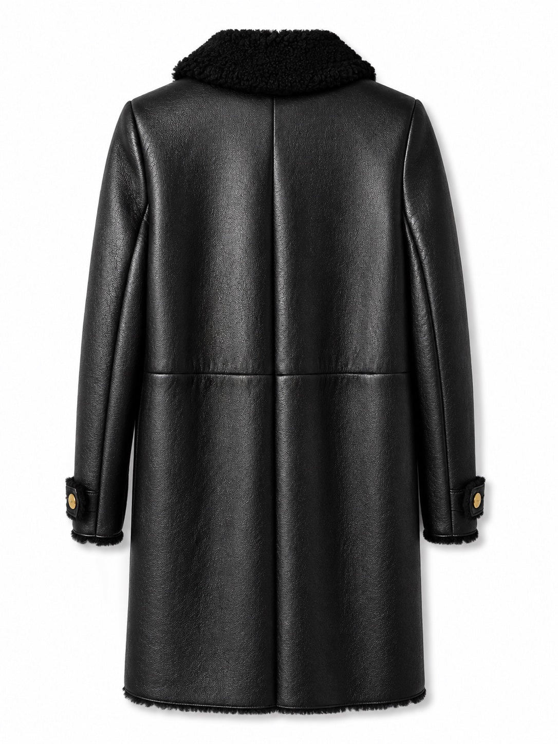 Black leather coat with shearling trim by Miu Miu, featuring a stylish collar and classic design, shown on a model.
