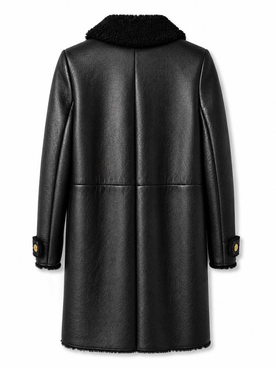 Black leather coat with shearling trim by Miu Miu, featuring a stylish collar and classic design, shown on a model.