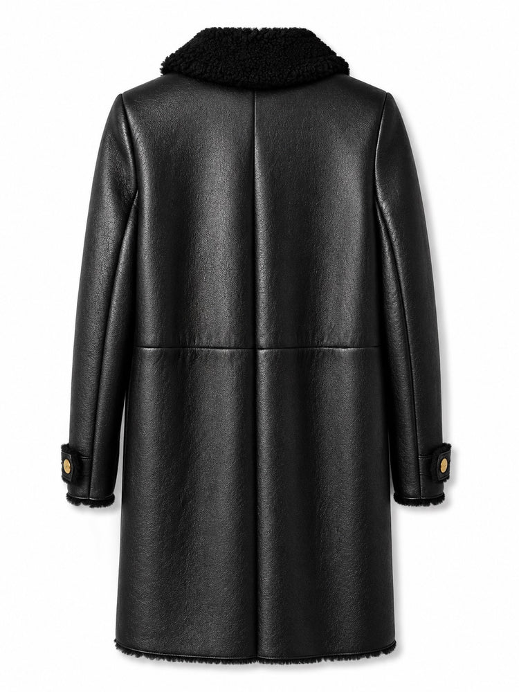 Black leather coat with shearling trim by Miu Miu, featuring a stylish collar and classic design, shown on a model.