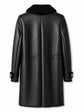 Black leather coat with shearling trim by Miu Miu, featuring a stylish collar and classic design, shown on a model.