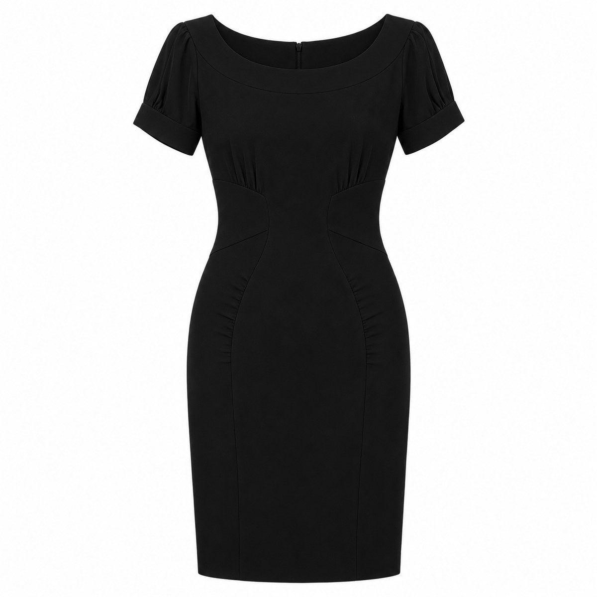 Black Miu Miu short-sleeve dress with a sleek, fitted silhouette and elegant design, perfect for stylish occasions.