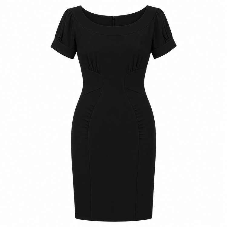 Black Miu Miu short-sleeve dress with a sleek, fitted silhouette and elegant design, perfect for stylish occasions.