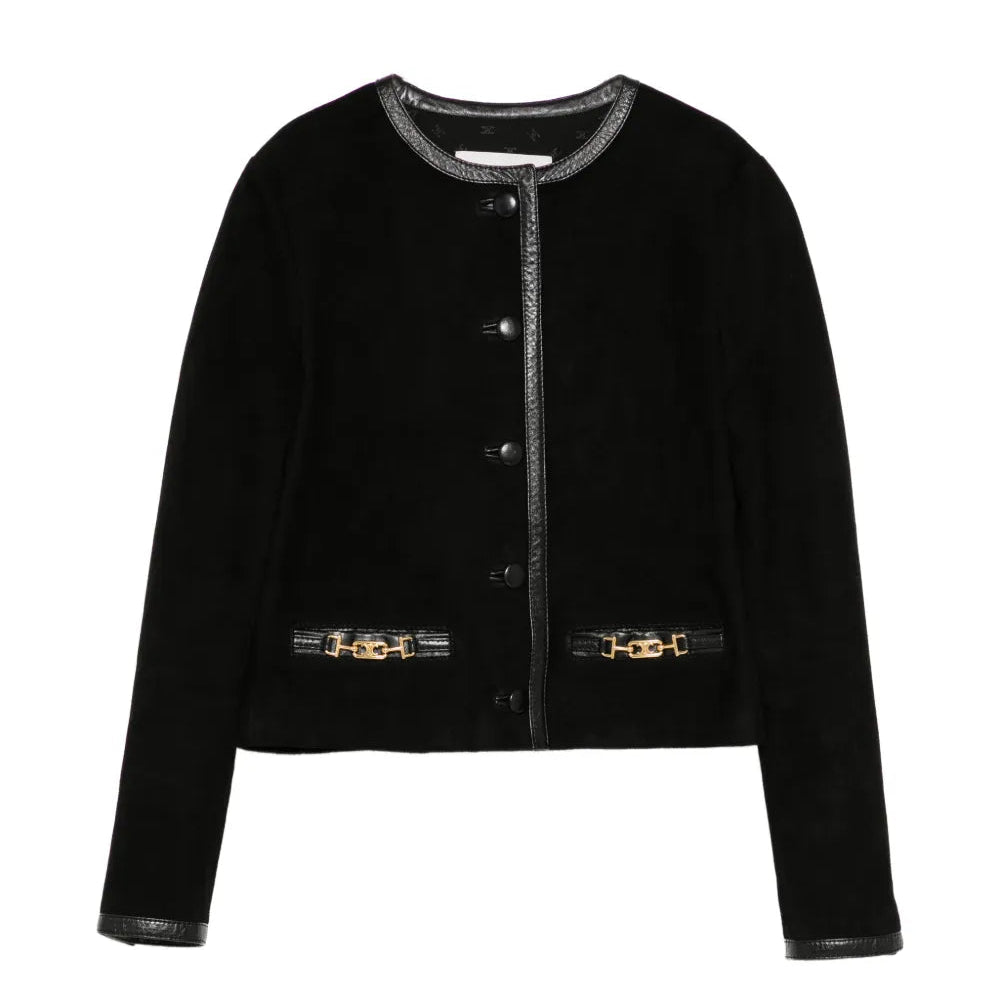 Black Miu Miu suede cropped jacket, stylish blazer with a fitted design and soft texture, perfect for modern fashion.