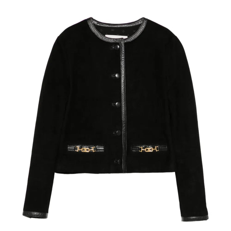 Black Miu Miu suede cropped jacket, stylish blazer with a fitted design and soft texture, perfect for modern fashion.