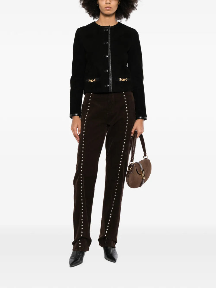 Black suede cropped jacket by Celine, stylish blazer with a modern fit and soft texture, perfect for fashion-forward looks.