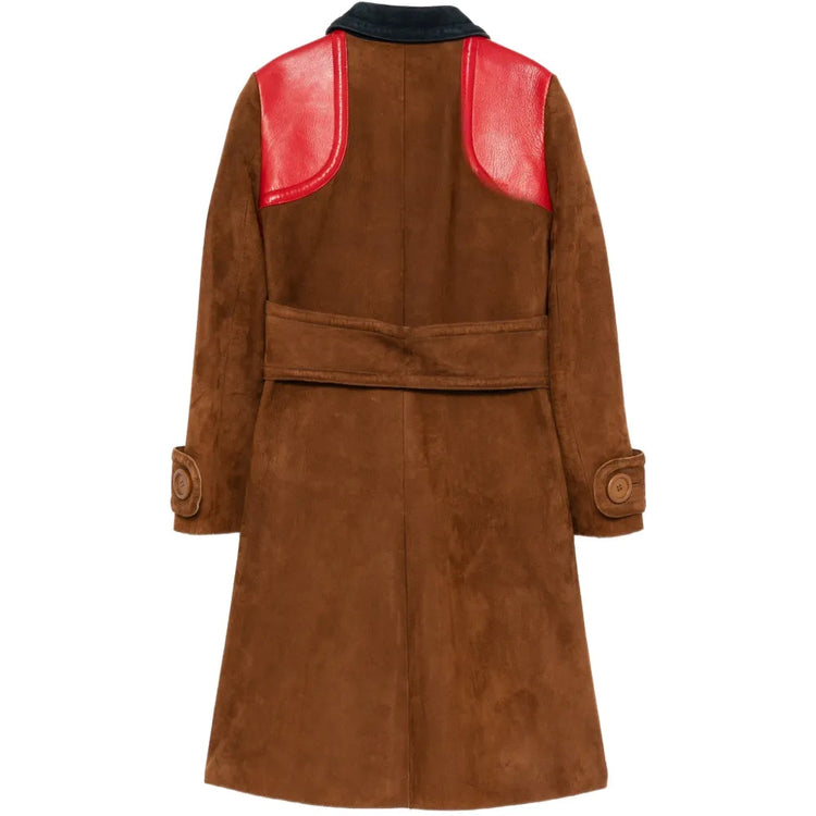 Brown Miu Miu suede coat with floral cat patch design, stylish and cozy outerwear for women.