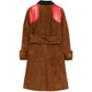 Brown Miu Miu suede coat with floral cat patch design, stylish and cozy outerwear for women.