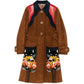 Brown suede coat by Miu Miu featuring playful flower and cat patch embellishments on the front.