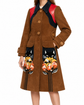 Brown suede coat by Miu Miu featuring colorful flower and cat patch embroidery on the front and sleeves.
