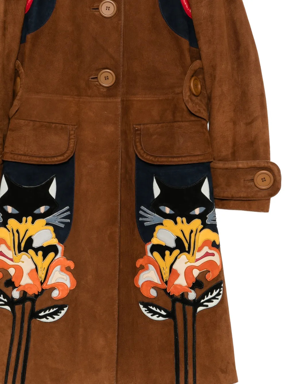 Brown suede coat with flower-cat patch detail by Miu Miu, featuring a stylish and textured design on the coat&