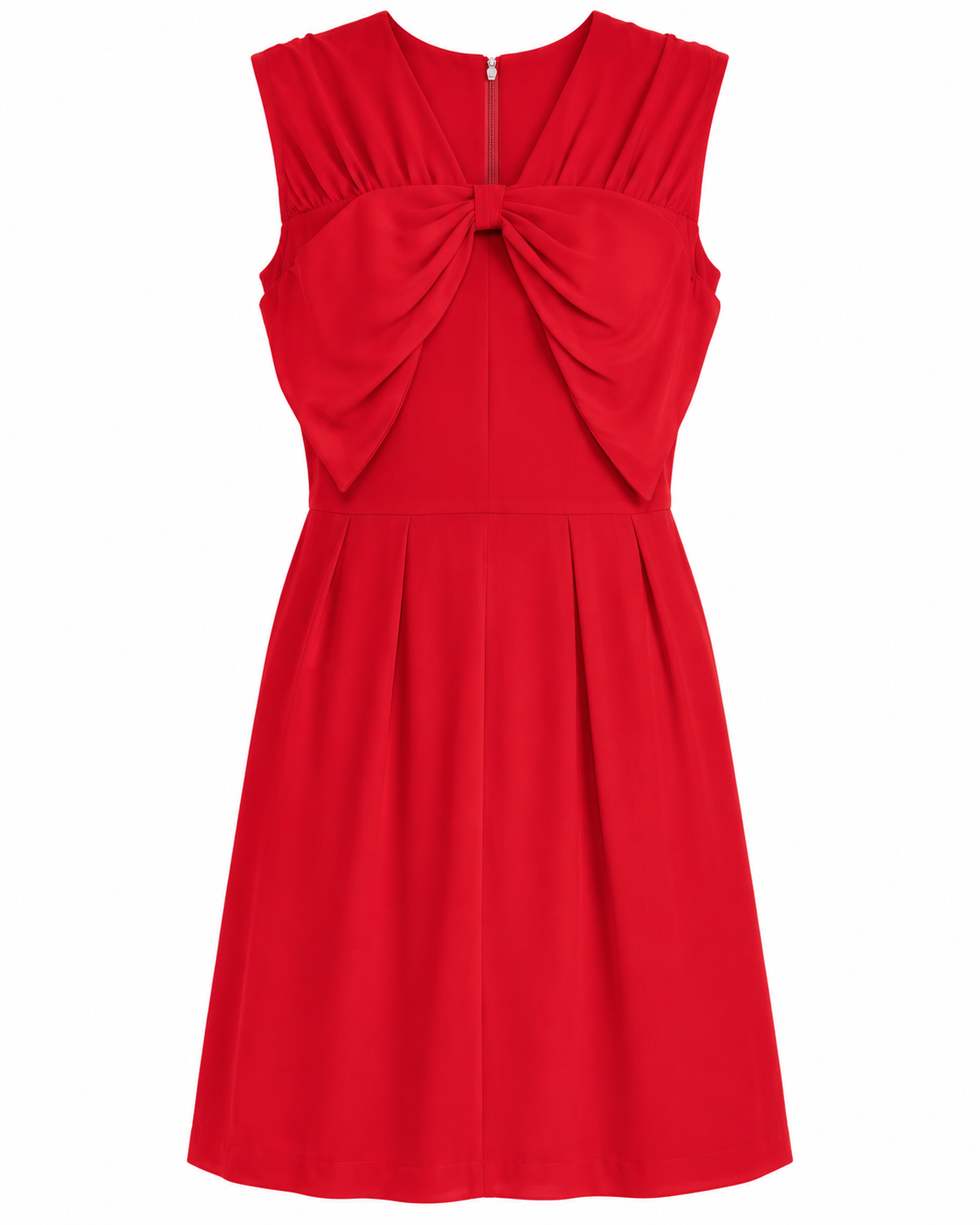 Red sleeveless dress by Miu Miu featuring bow detailing, elegant fit, and stylish design.