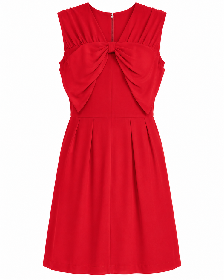 Red sleeveless dress by Miu Miu featuring bow detailing, elegant fit, and stylish design.