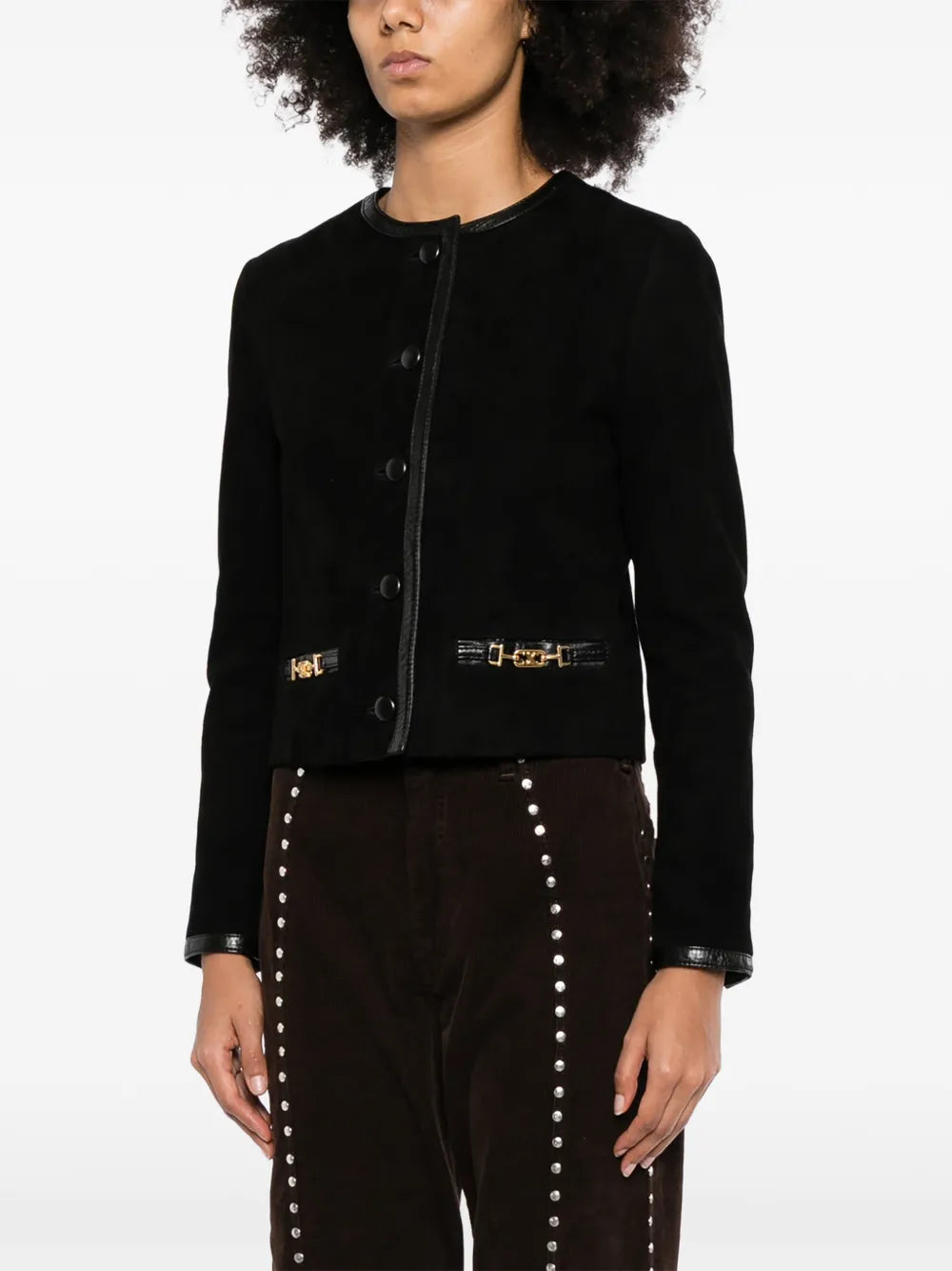 Celine suede cropped blazer with tailored fit, featuring a classic collar and sleek design, ideal for stylish layered looks.