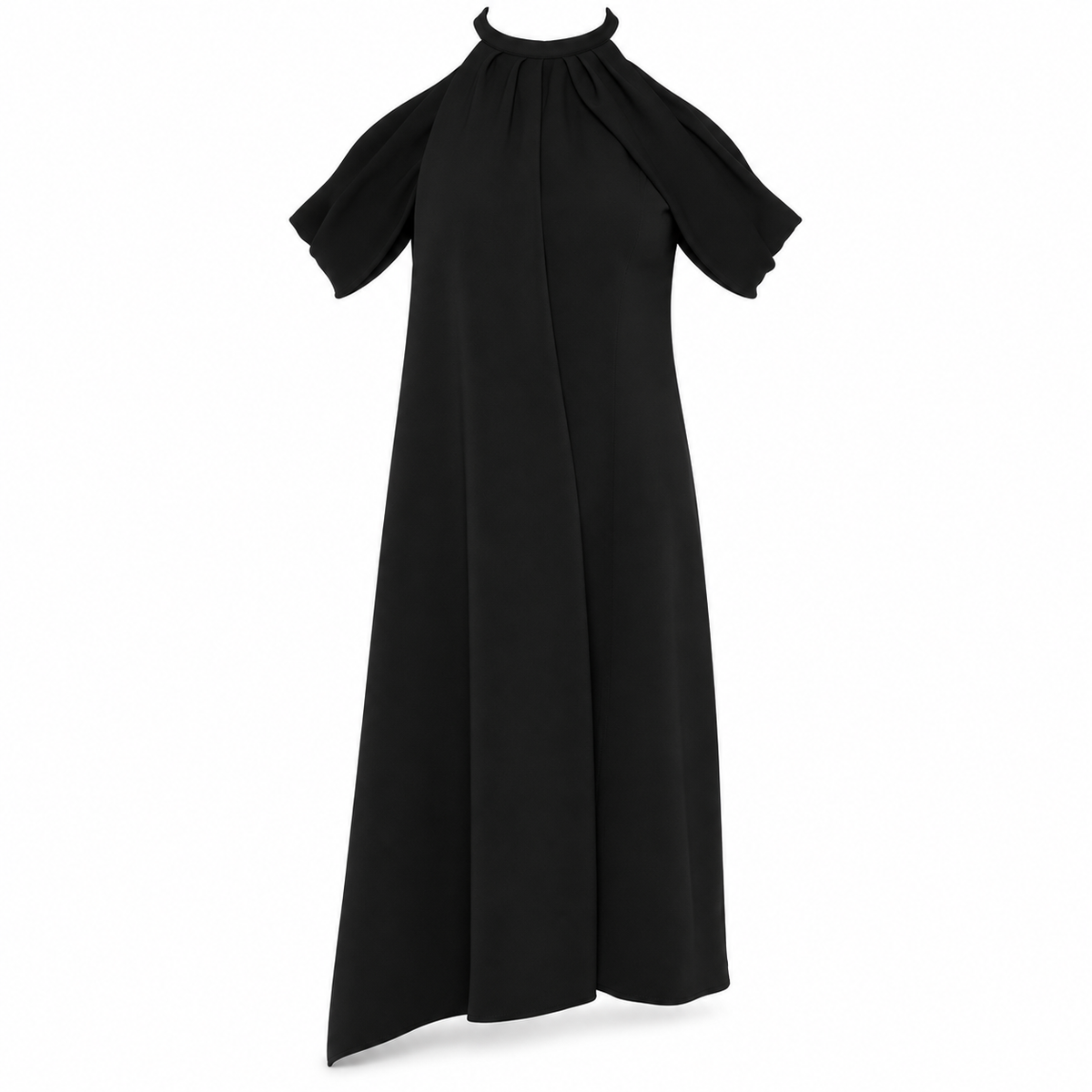 Black Thierry Mugler dress with orange accents, elegant sleeveless design and fitted silhouette.