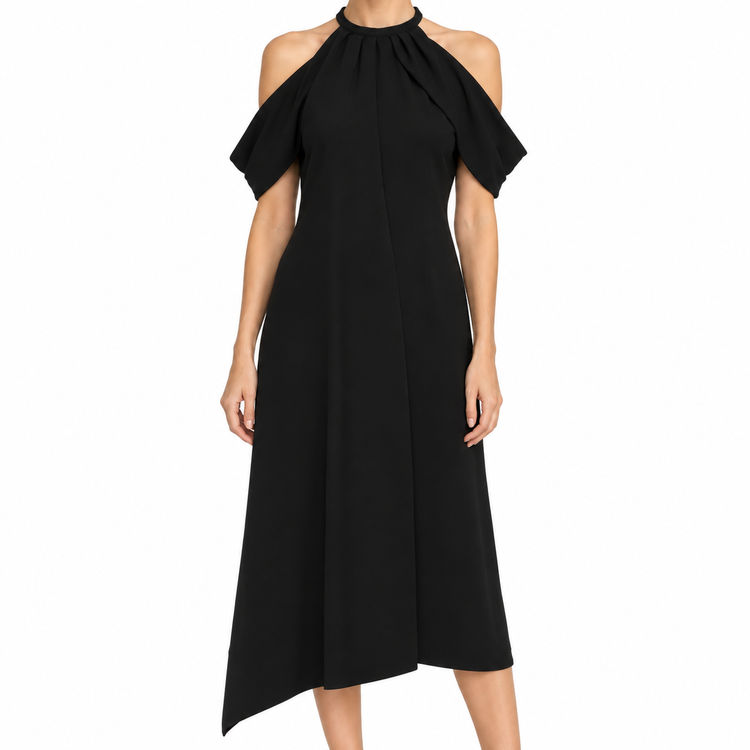 Black Thierry Mugler dress with orange accent, elegant sleeveless design, and fitted silhouette.