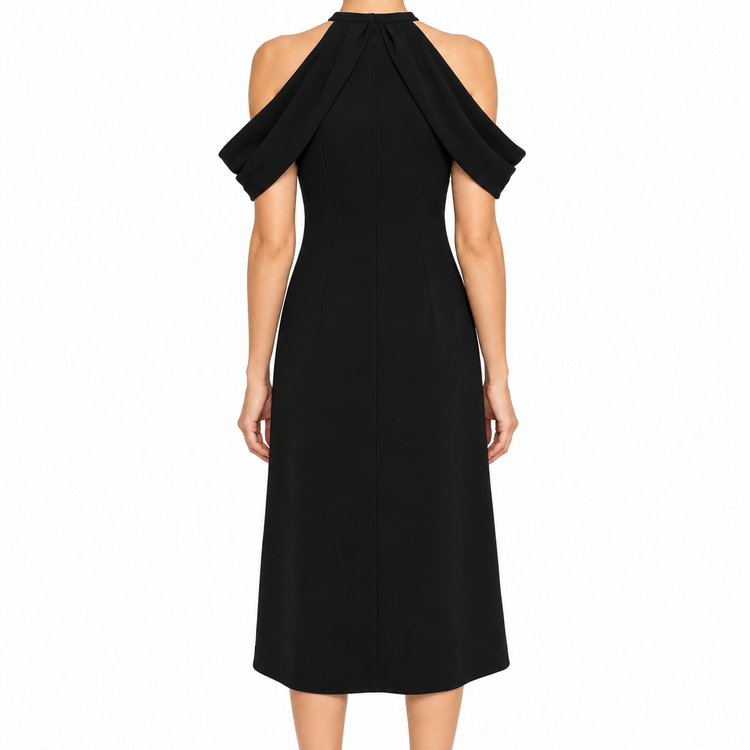 Black Thierry Mugler dress with orange accent detailing, elegant sleeveless design, and fitted silhouette.
