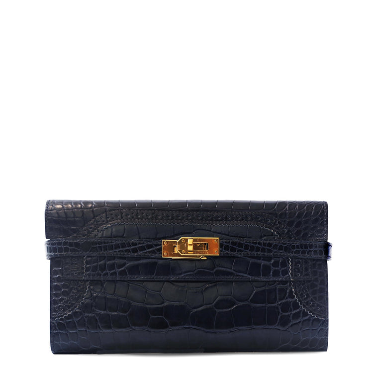 Hermès Limited Edition Ghillies Kelly Wallet GHW in Navy