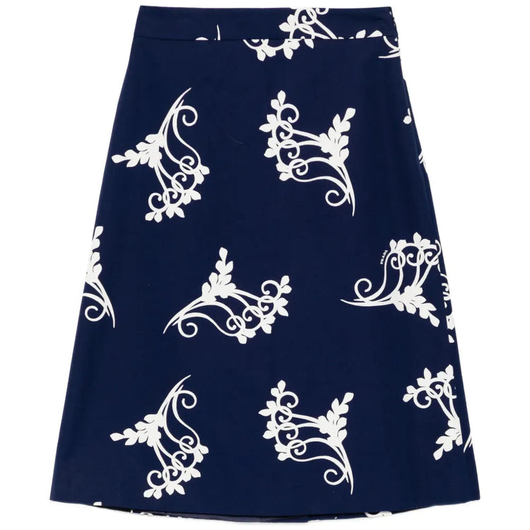 Navy Prada poplin A-line skirt displayed on a hanger, showcasing its classic silhouette and smooth fabric.