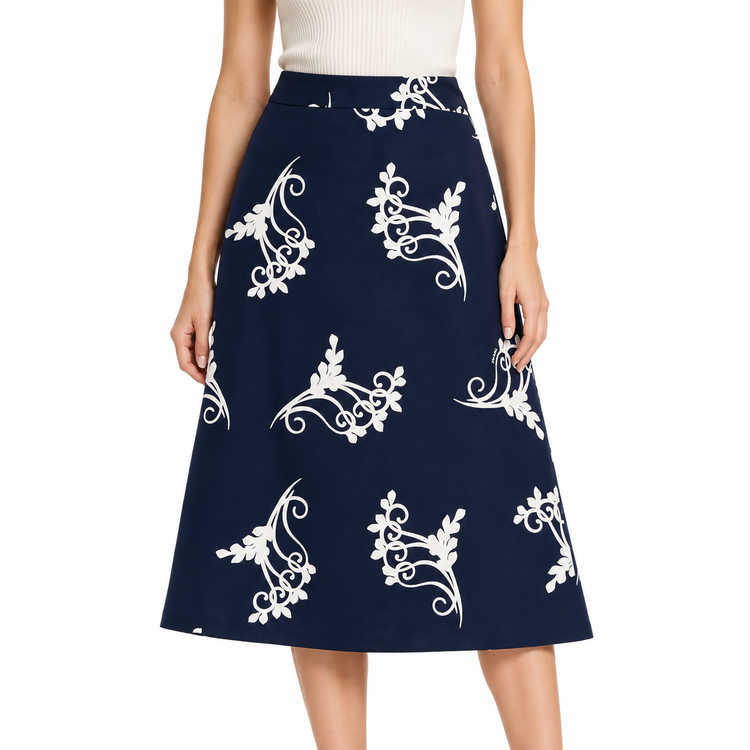 Navy Prada poplin A-line skirt with a fitted waist and flared hem, shown on a model.