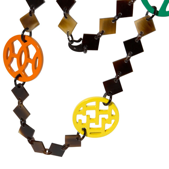Hermès Lacquer Lena Necklace in vibrant orange and multicolour with sleek, glossy finish and intricate design details.