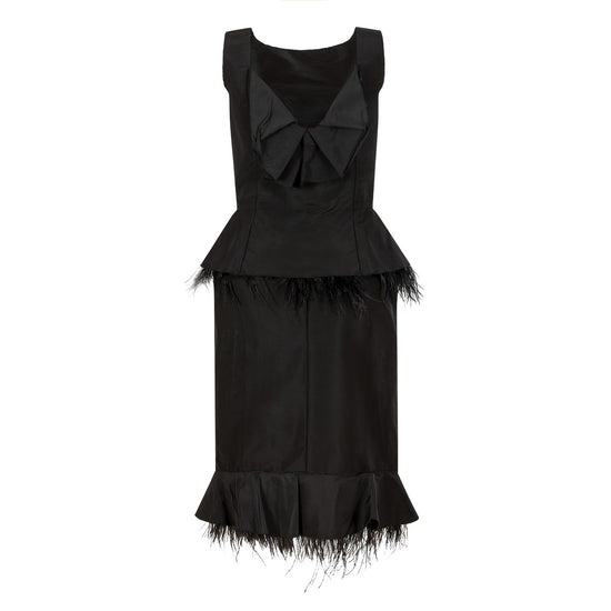 Black silk ostrich trim cocktail dress by Other Designers, featuring elegant design and detailed ostrich feather accents.