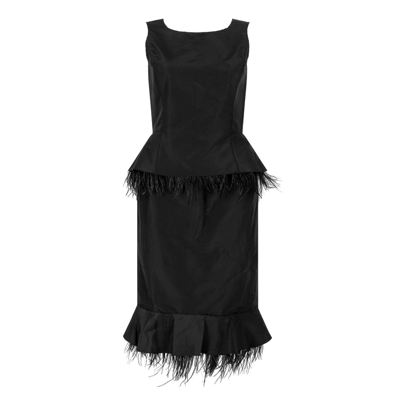 Black silk cocktail dress with ostrich feather trim from Oscar De La Renta, featuring elegant design and sophisticated style.