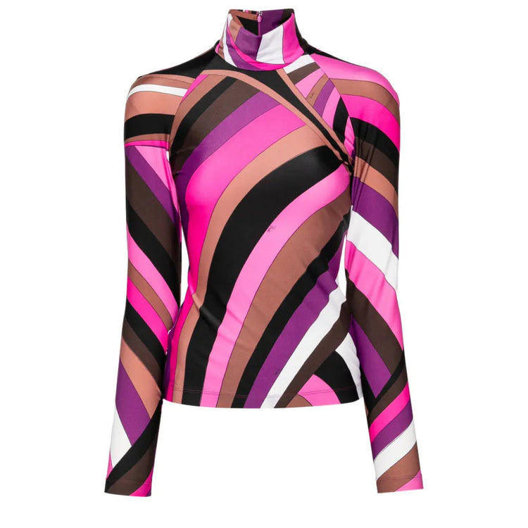 Pre-owned PUCCI printed turtleneck top with vibrant multicolor pattern, long sleeves, and fitted style.