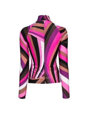 Emilio Pucci print stretch-jersey turtleneck top shown from the back, featuring vibrant colorful abstract pattern and fitted silhouette.