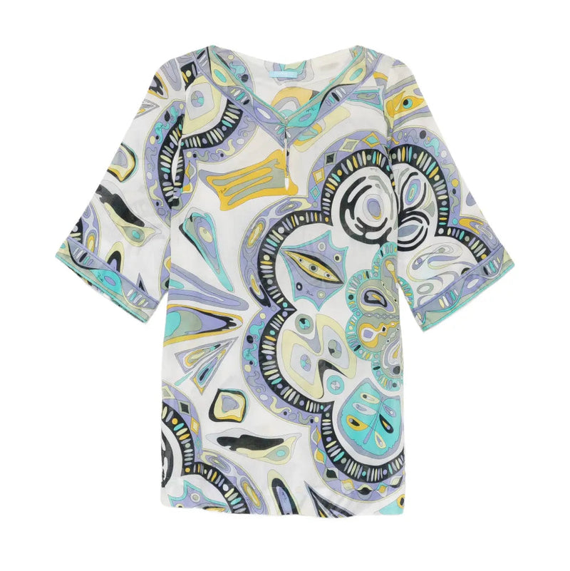 Blue Emilio Pucci abstract print dress with a flowing tunic style, front view showcasing vibrant pattern and elegant design.