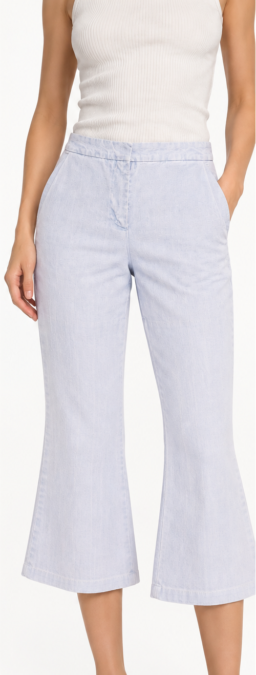 Light blue wide-leg cropped pants shown in two views: a flat product view on the left and a model wearing them on the right. The model is cropped from the chest down and wears a white sleeveless top.