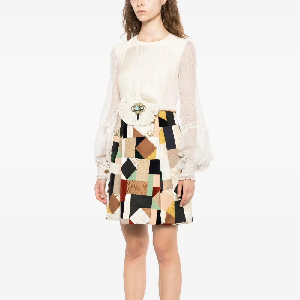 Chloé patchwork ruffled chiffon sleeve midi dress with layered design and flowing fabric, perfect for elegant occasions.
