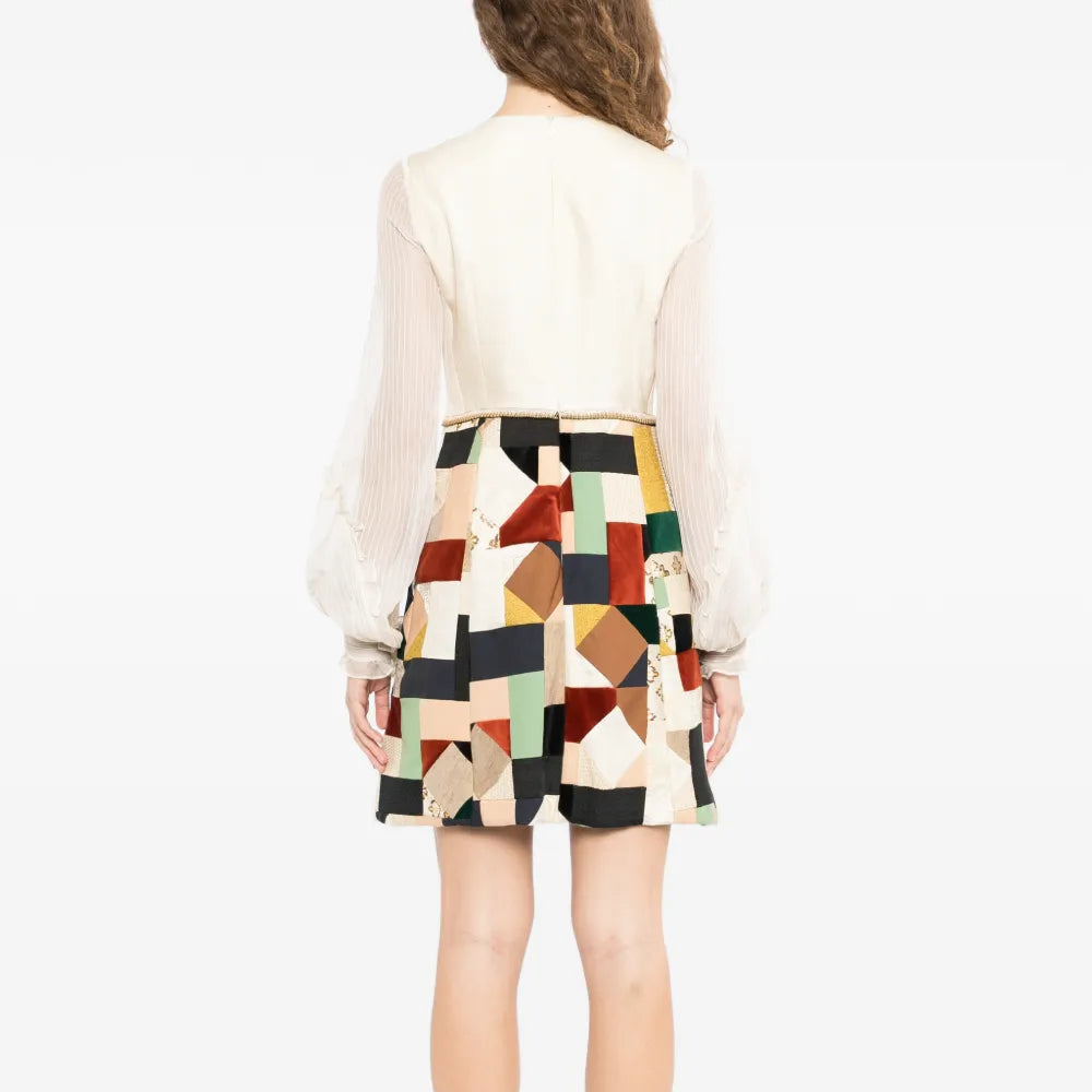Chloé patchwork ruffled chiffon sleeve midi dress with flowing fabric and layered design, perfect for elegant occasions.