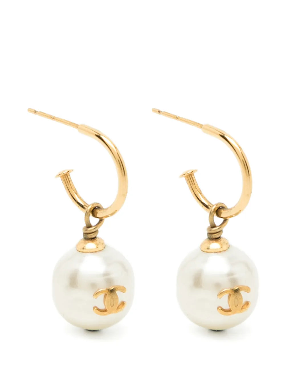Pair of Chanel gold-tone hoop drop earrings featuring round cream faux pearls embellished with a small gold CC logo accent.