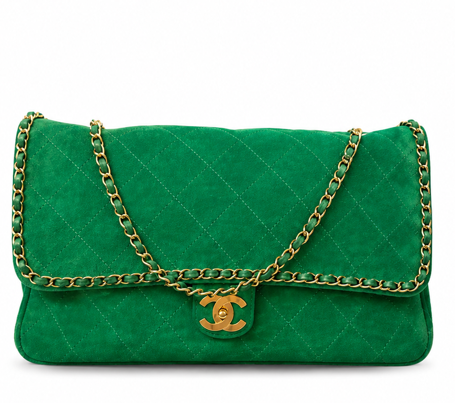 A green quilted suede Pharell airline flap xxl  flap shoulder bag with gold-tone chain detailing and a gold interlocking CC logo clasp, characteristic of a Chanel bag.