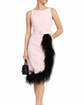 Pink Prada feather trim belted midi dress with flowing fabric and elegant waist belt, perfect for stylish occasions.
