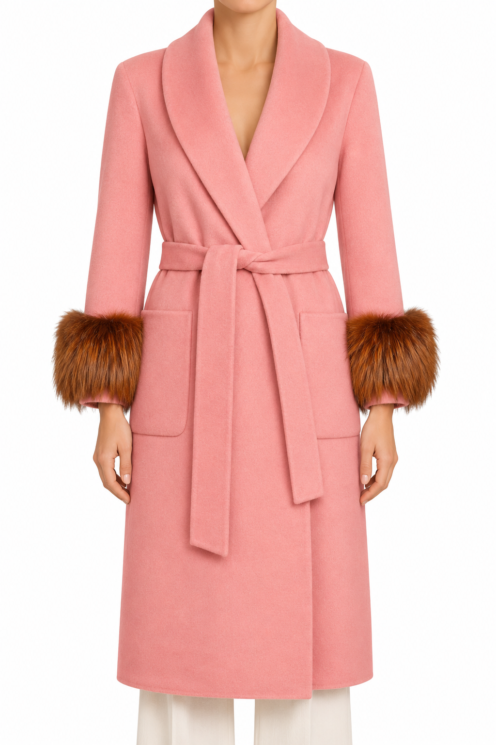 Pink Prada wool coat with fur cuffs, stylish and warm, featuring a tailored fit and luxurious fabric details.