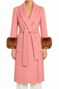 Pink Prada wool coat with fur cuffs, stylish and warm, featuring a tailored fit and luxurious fabric details.