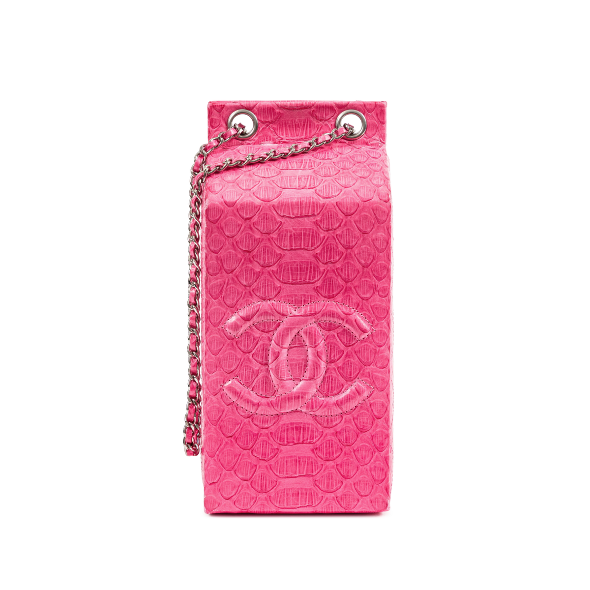 Pink Python Chanel clutch bag featuring a Lait de Coco Milk Carton design, stylish accessory with textured python pattern.