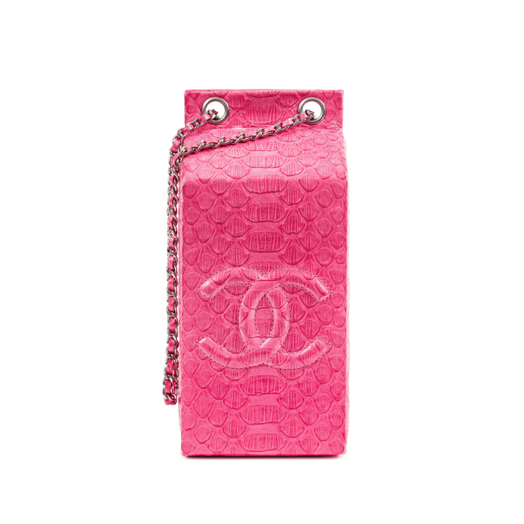 Pink Python Chanel clutch bag featuring a Lait de Coco Milk Carton design, stylish accessory with textured python pattern.