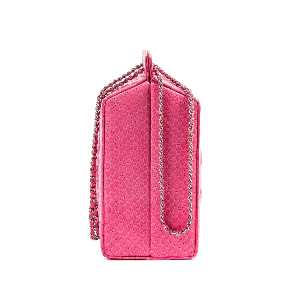 Pink Python Chanel clutch bag with Lait de Coco Milk Carton design, stylish accessory with textured python pattern and vibrant pink color.