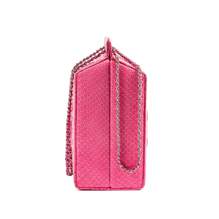 Pink Python Chanel clutch bag with Lait de Coco Milk Carton design, stylish accessory with textured python pattern and vibrant pink color.