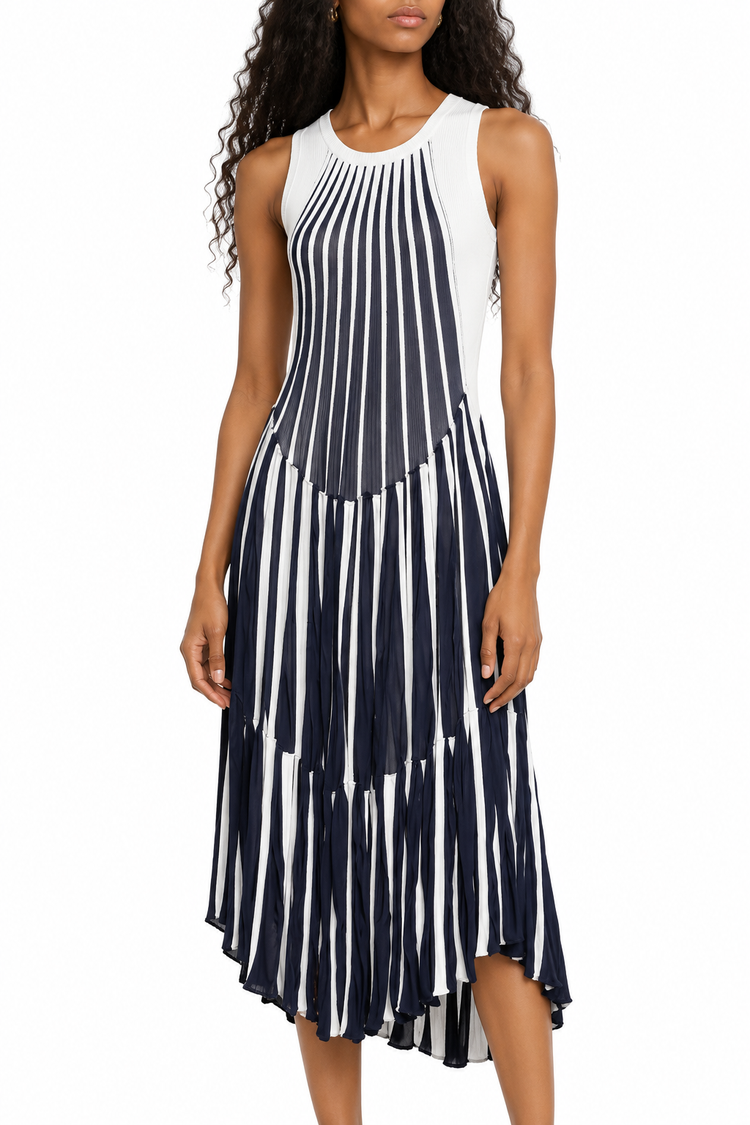 Chloé blue and white pleated striped dress, midi length with a flowing design, perfect for elegant daytime wear.