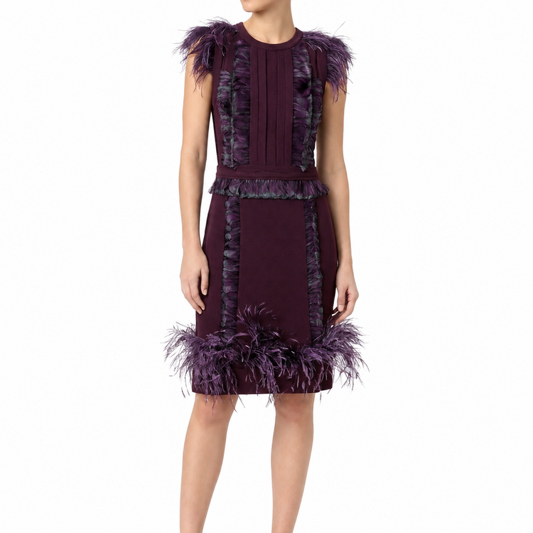 Purple Feather Wool Dress by Lanvin featuring feather trim and a sleek sheath silhouette.