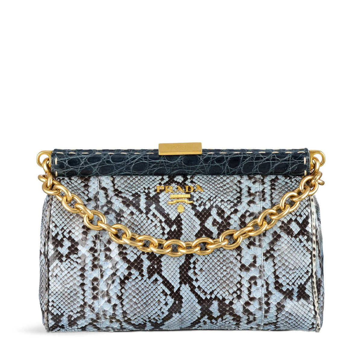 Periwinkle blue Prada shoulder bag with python and crocodile leather accents, stylish and luxurious for elegant carry.