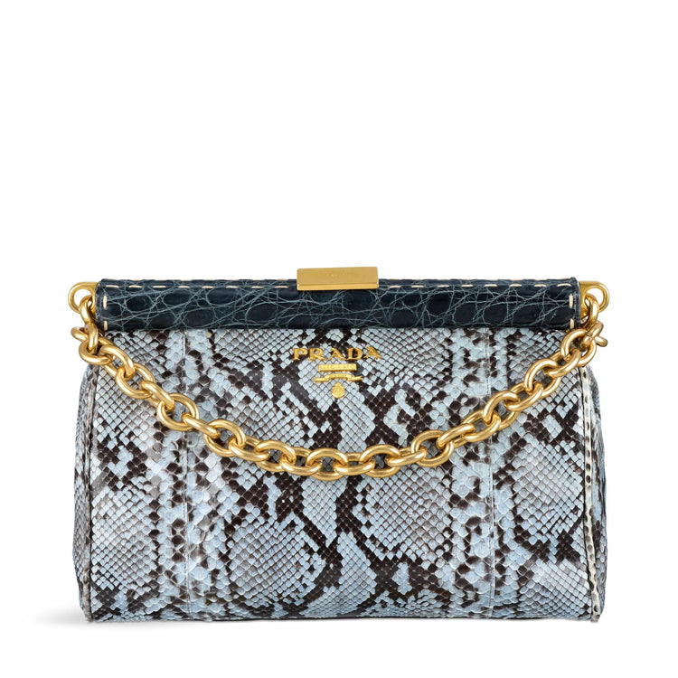Periwinkle blue Prada shoulder bag with python and crocodile leather accents, stylish and luxurious for elegant carry.
